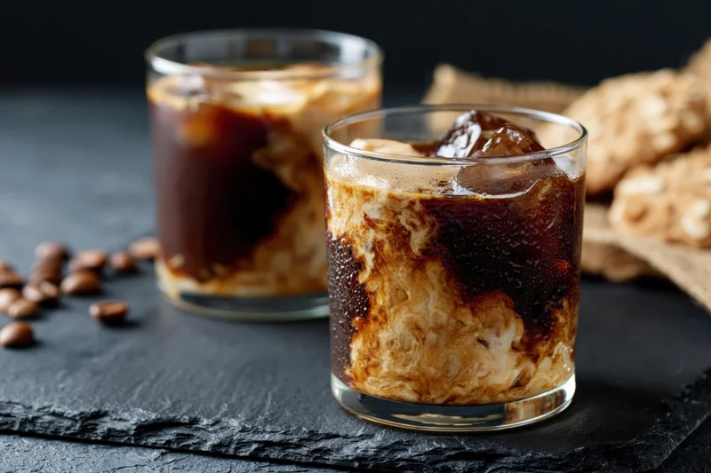 Two iced coffee drinks in short glasses with cream swirls and ice cubes on a dark slate surface with scattered coffee beans and cookies nearby