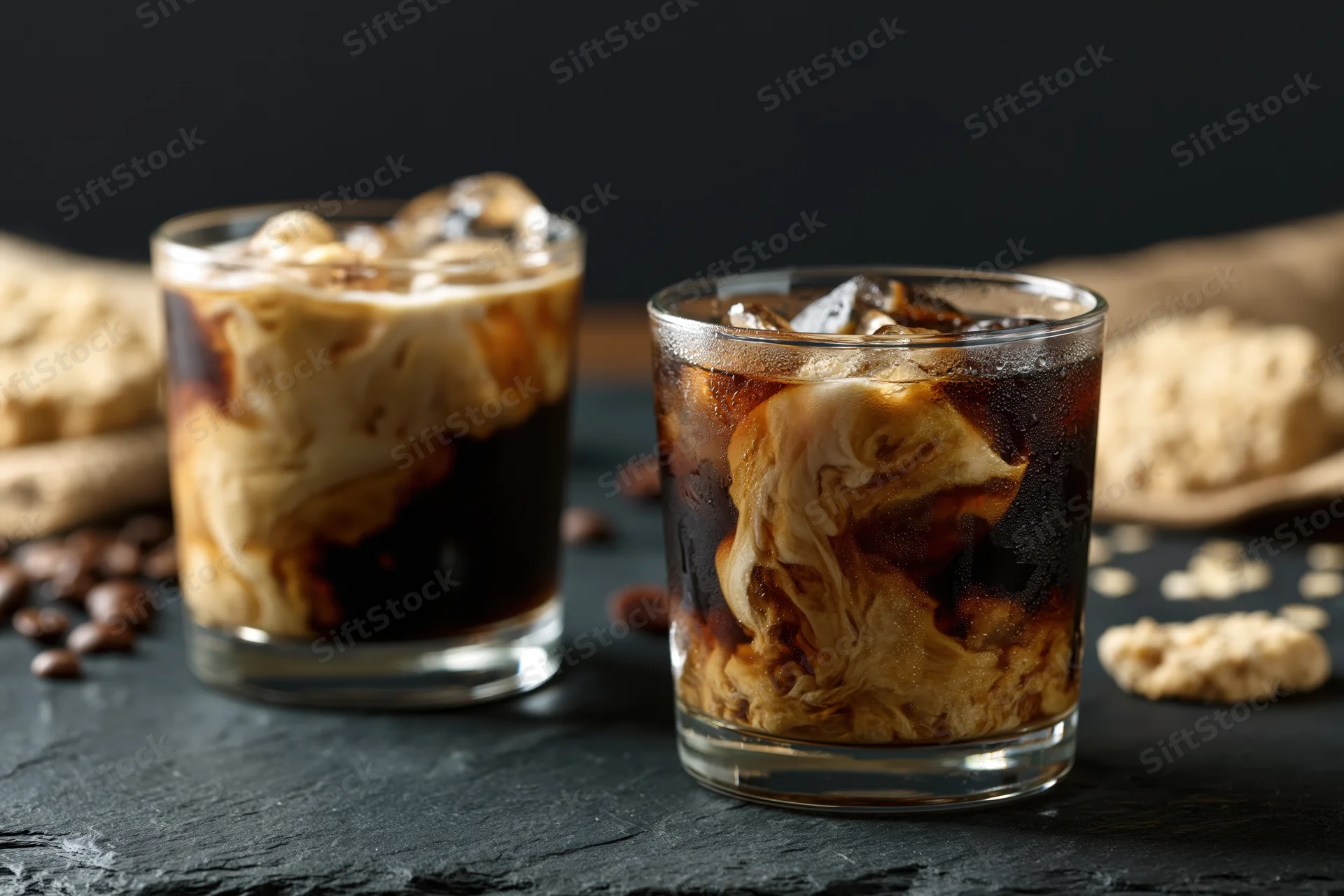 Two iced coffee drinks in short rocks glasses with cream swirls on dark slate surface