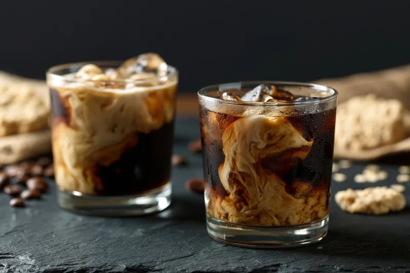 Two iced coffee drinks in short rocks glasses with cream swirls on dark slate surface