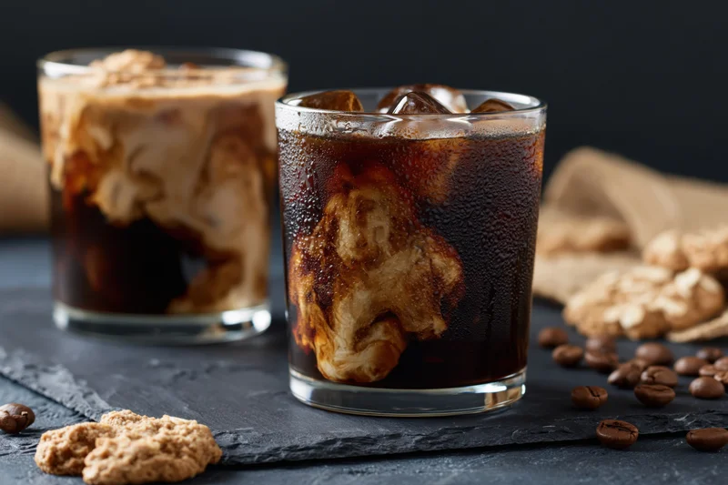 Two iced coffee drinks in short rocks glasses with cream swirl
