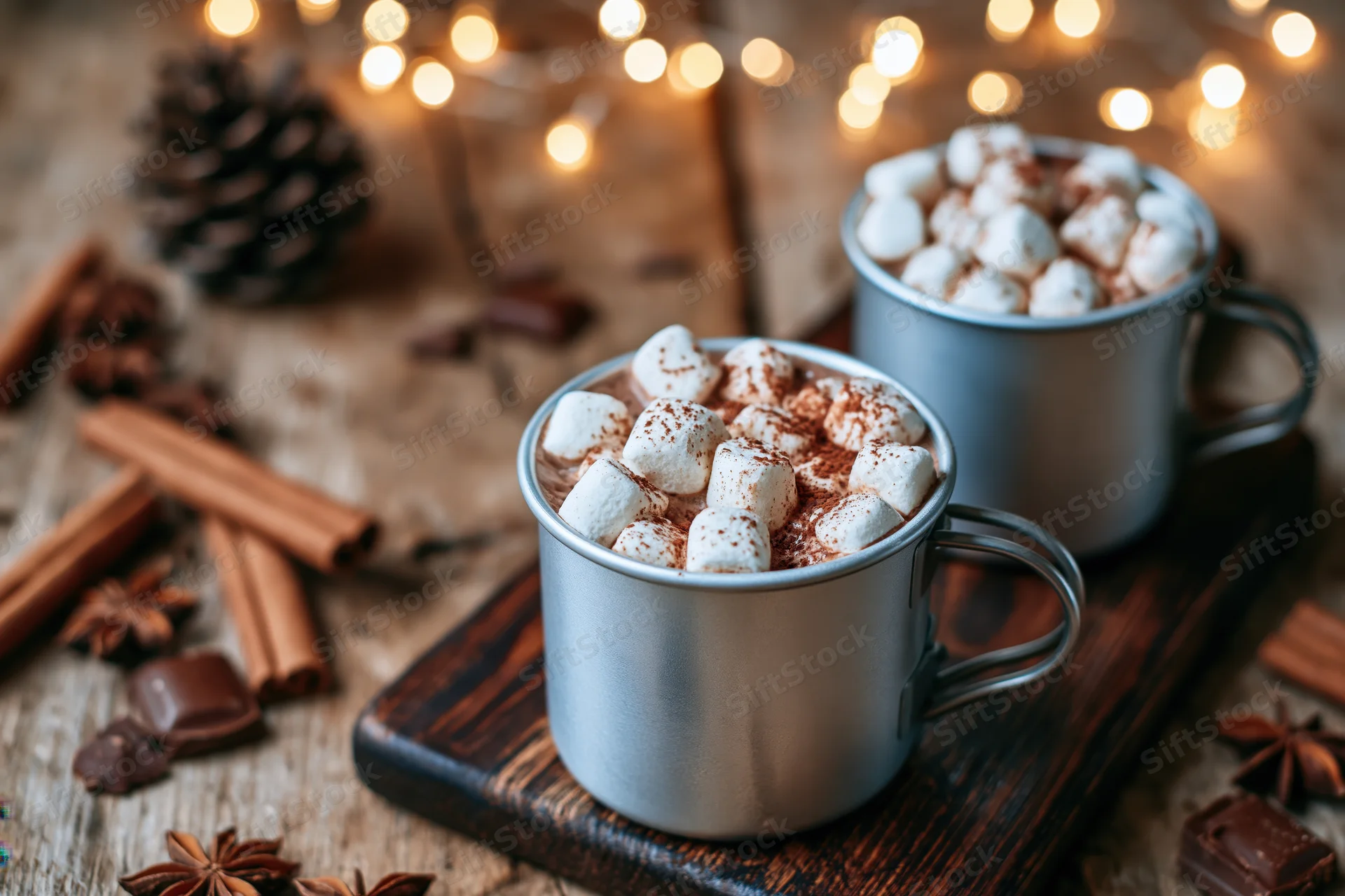 Two metal camping mugs filled with hot chocolate topped with marshmallows and cinnamon on a wooden table with holiday decorations and string lights in the background