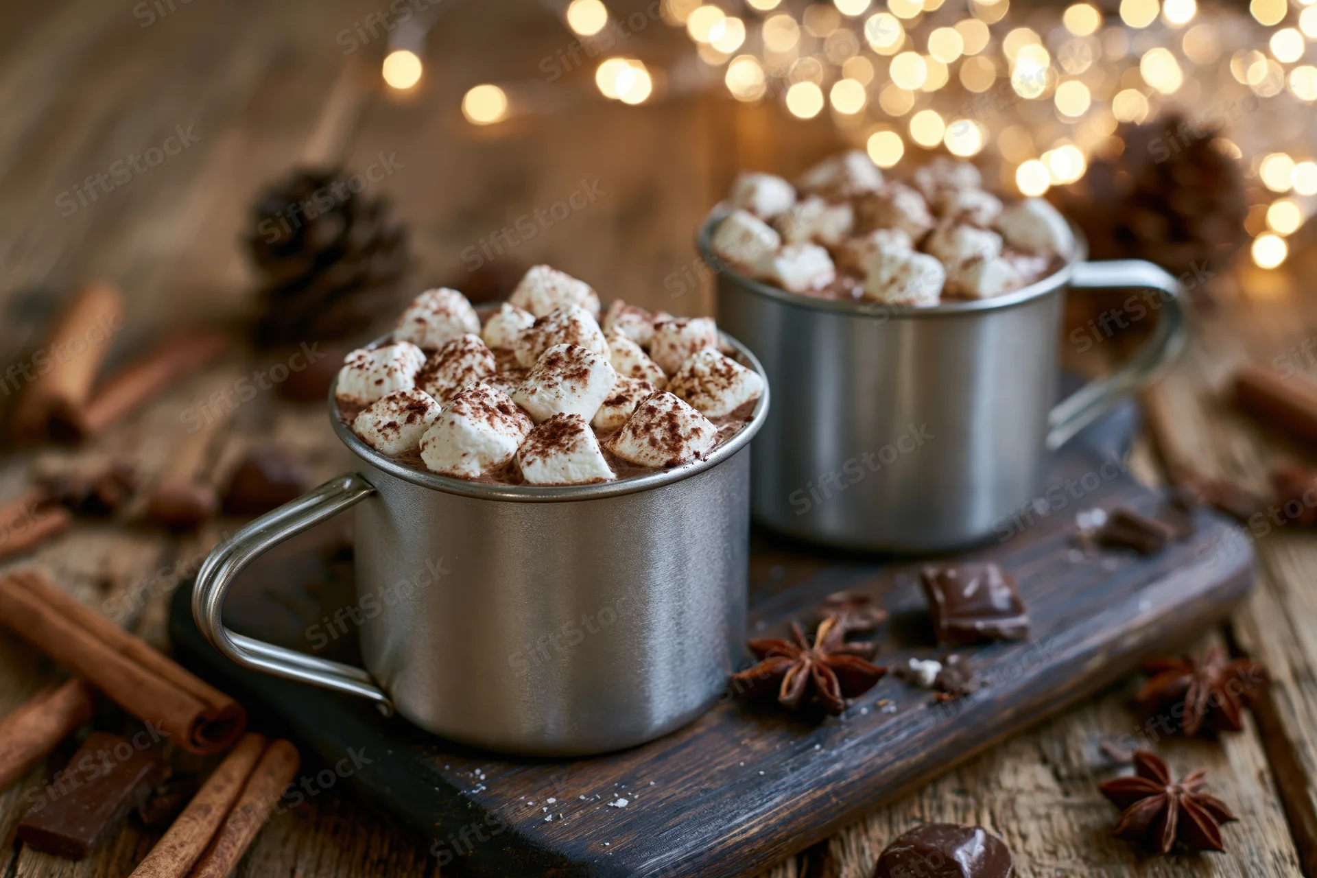 Two metal camping mugs filled with hot chocolate topped with marshmallows and cocoa powder on a wooden board with cinnamon sticks and pinecones around, set against warm bokeh lights