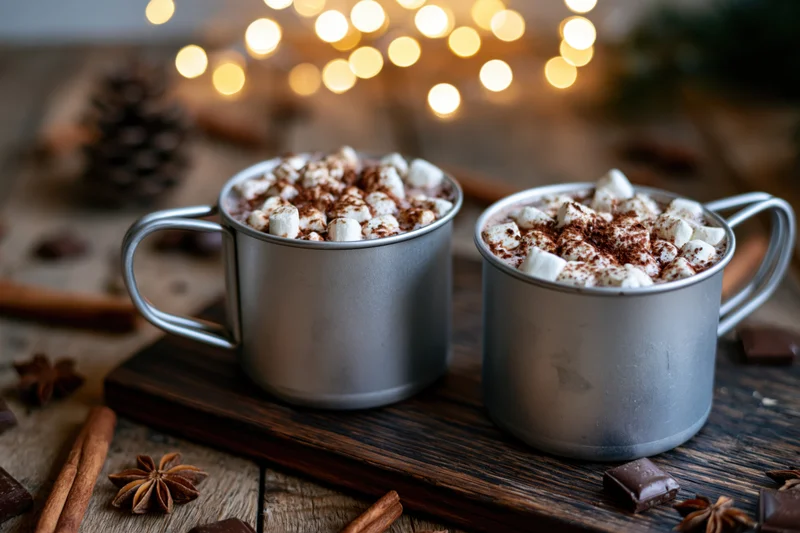 Two metal mugs filled with hot chocolate topped with marshmallows and cocoa powder on a wooden tray with spices and holiday lights in the background