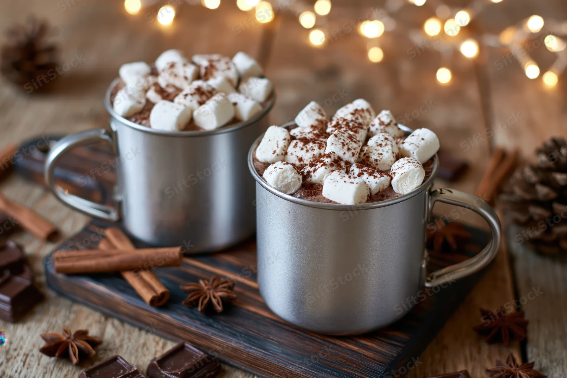 Two metal camping mugs filled with hot chocolate topped with marshmallows and cocoa powder on a wooden tray surrounded by spices and pinecones