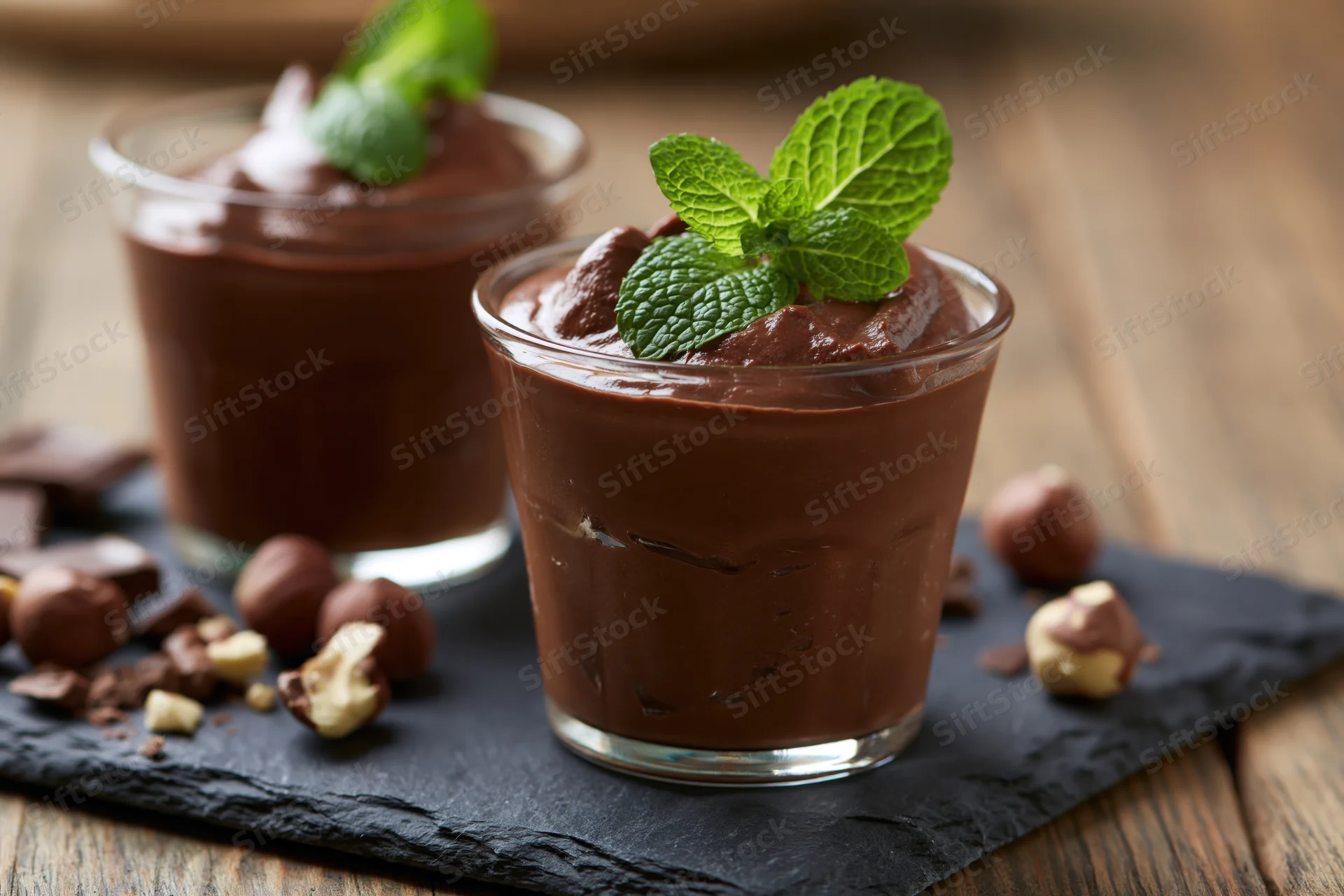 Two small clear glasses filled with chocolate mousse topped with mint and hazelnuts on a slate board