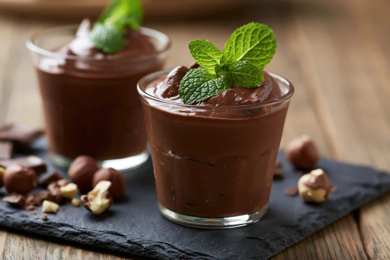 Two small clear glasses filled with chocolate mousse topped with mint and hazelnuts on a slate board