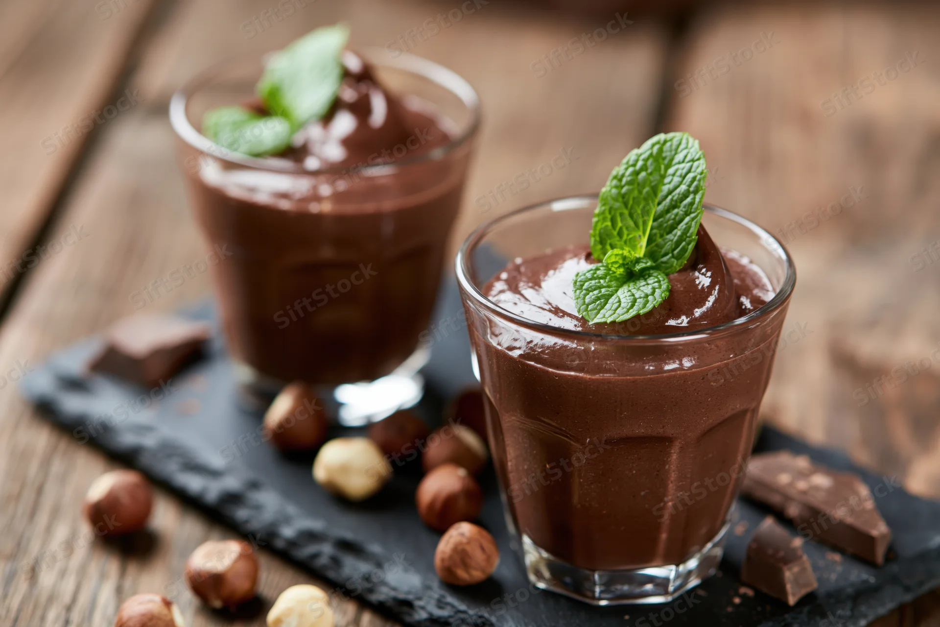 Two glasses of chocolate mousse garnished with mint and hazelnuts on a slate board over wooden table