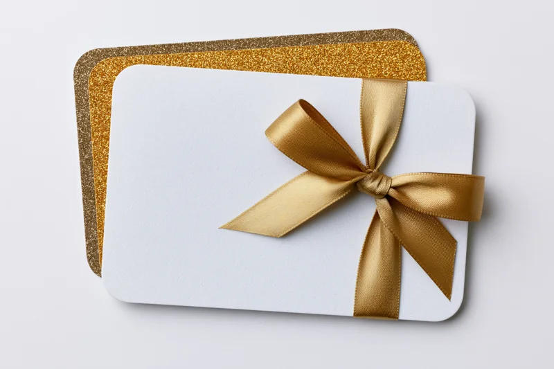 Two stacked gift cards with gold ribbon bow on white background