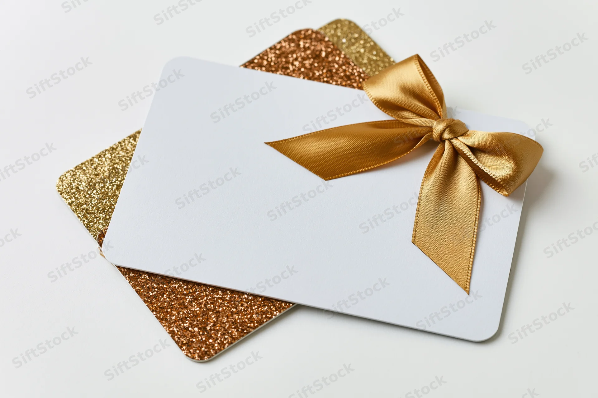 Two stacked gift cards with gold ribbon bow on white background