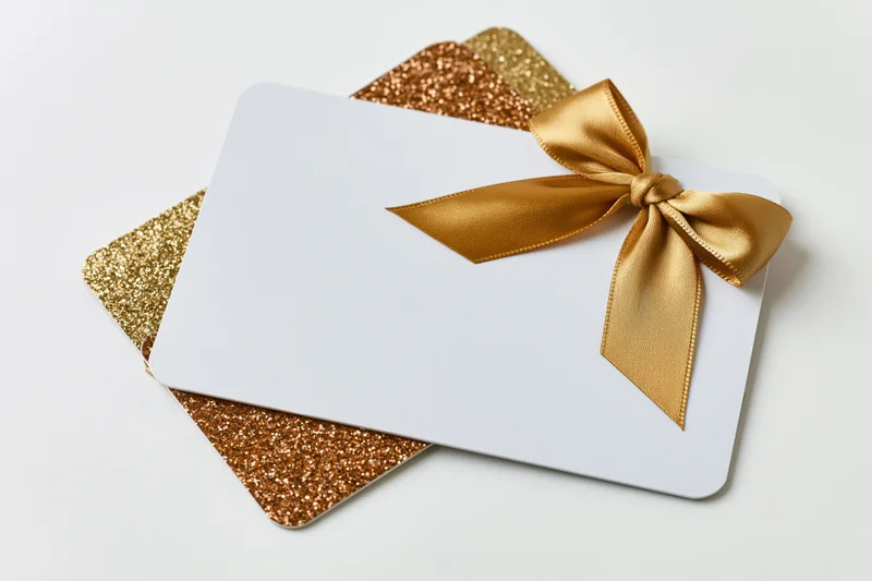 Two stacked gift cards with gold ribbon bow on white background