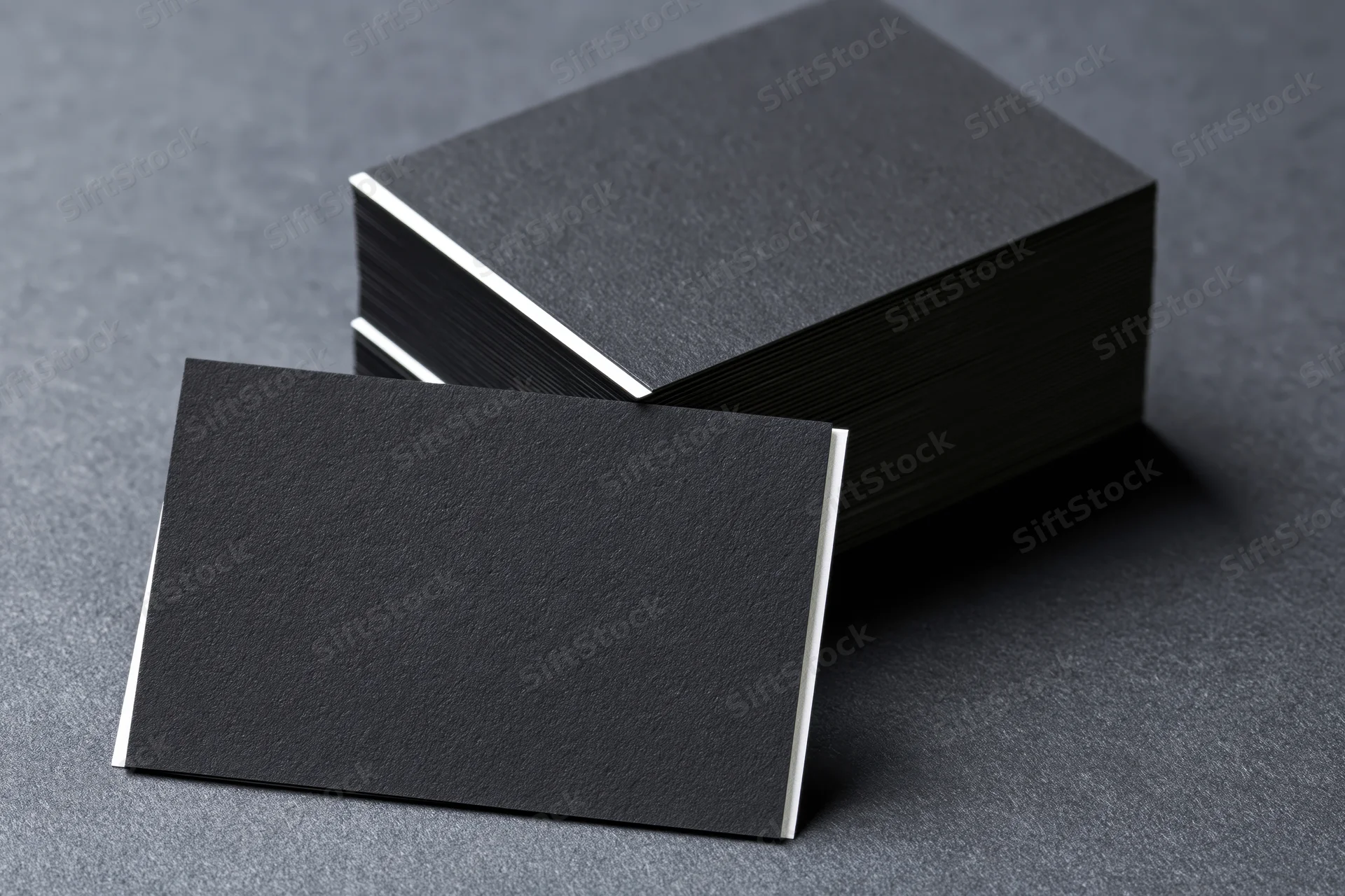Blank black business cards stacked at an angle on a gray surface