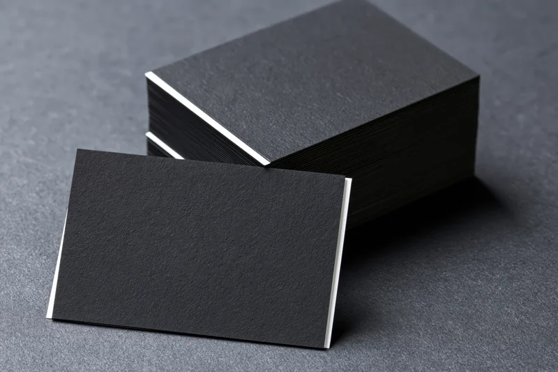 Blank black business cards stacked at an angle on a gray surface
