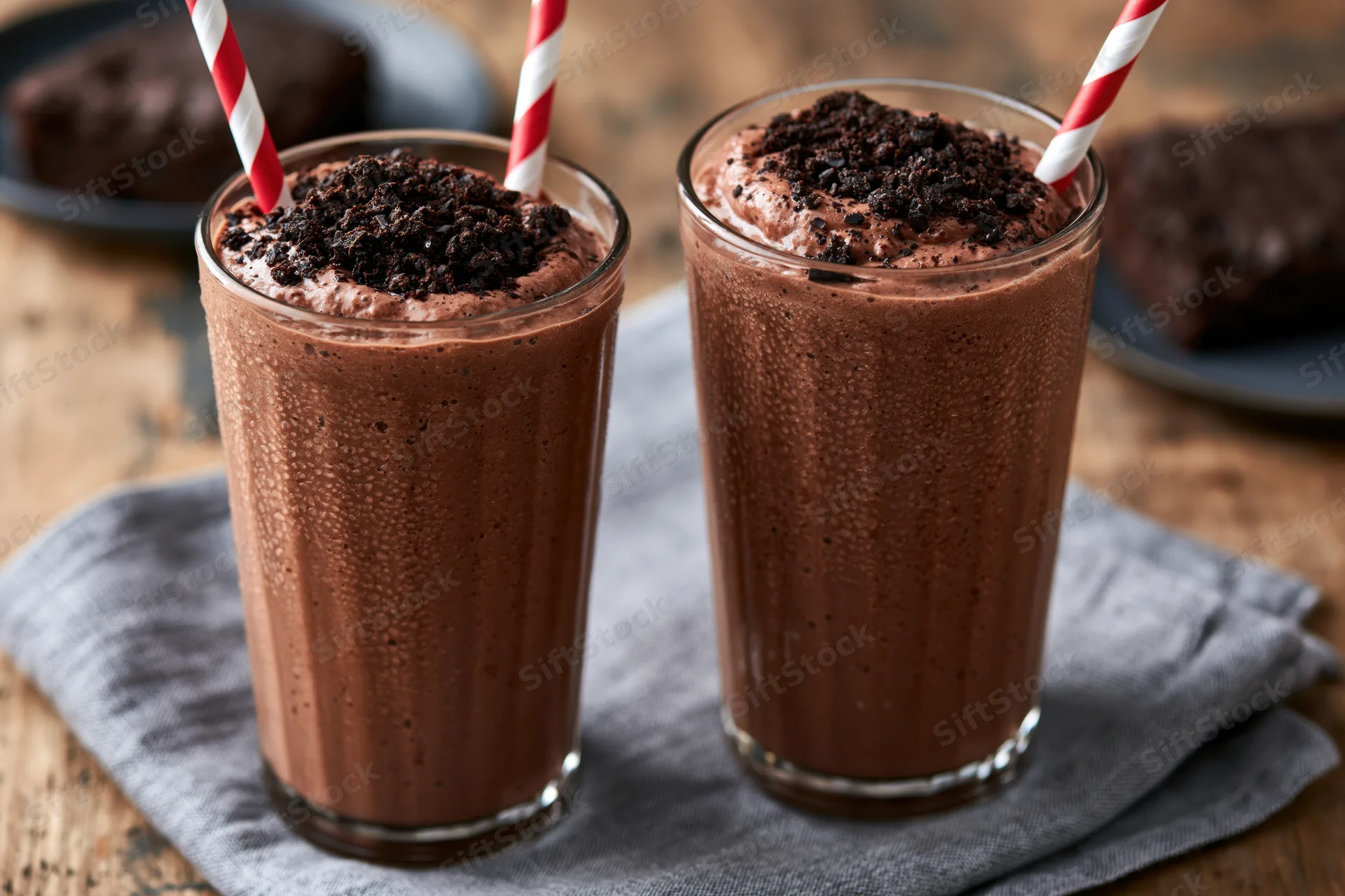 Two tall glasses of thick chocolate milkshake topped with crushed chocolate cookie crumbles on a wooden table with a gray cloth napkin and red-and-white striped straws