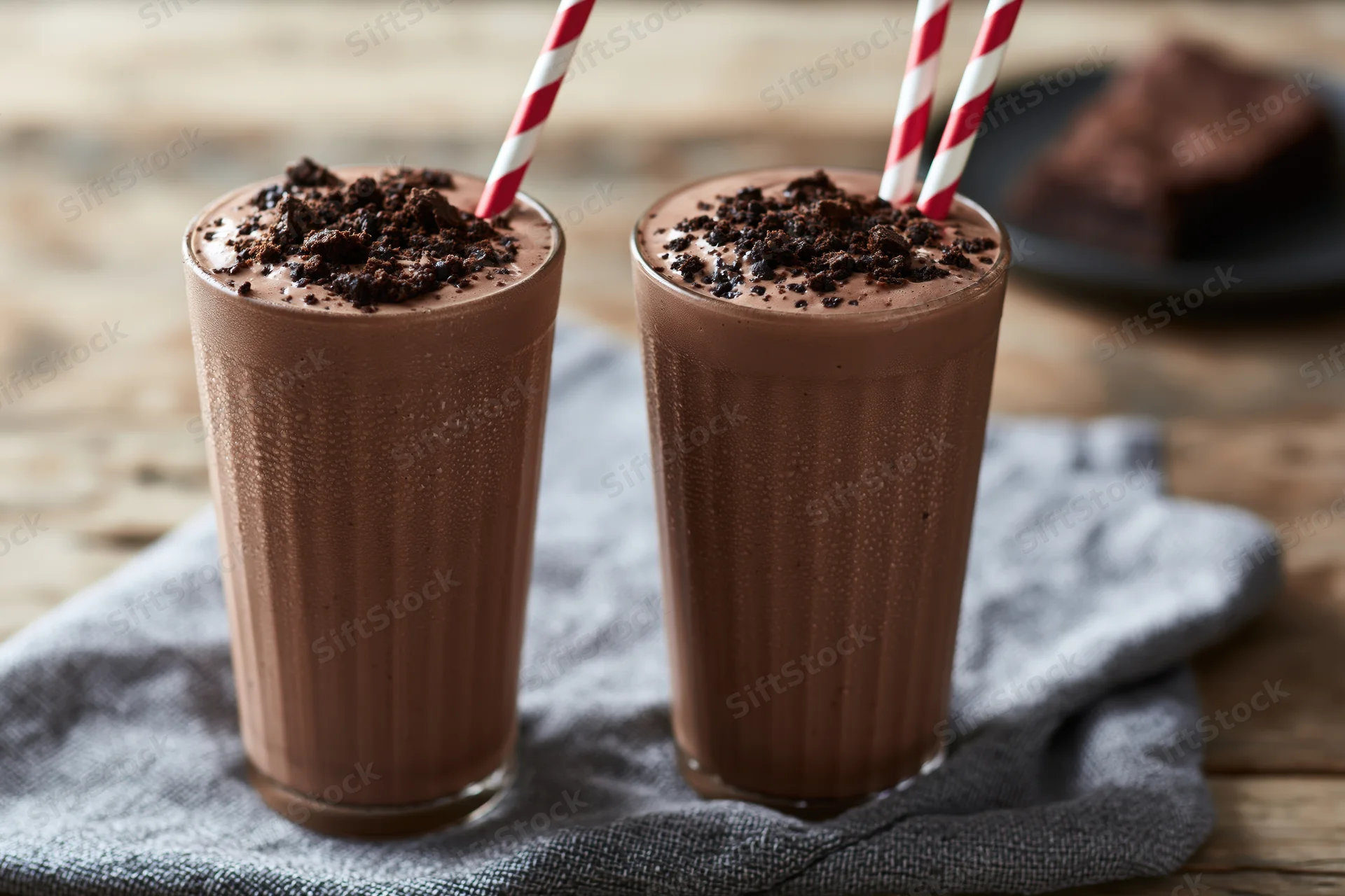 Two tall glasses of thick chocolate milkshake topped with crushed chocolate cookie crumble on a gray cloth over wooden table