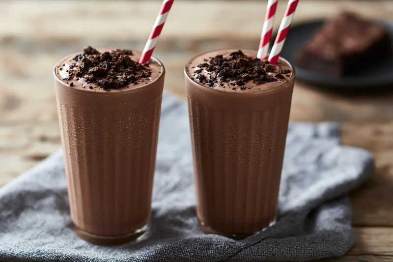 Two tall glasses of thick chocolate milkshake topped with crushed chocolate cookie crumble on a gray cloth over wooden table