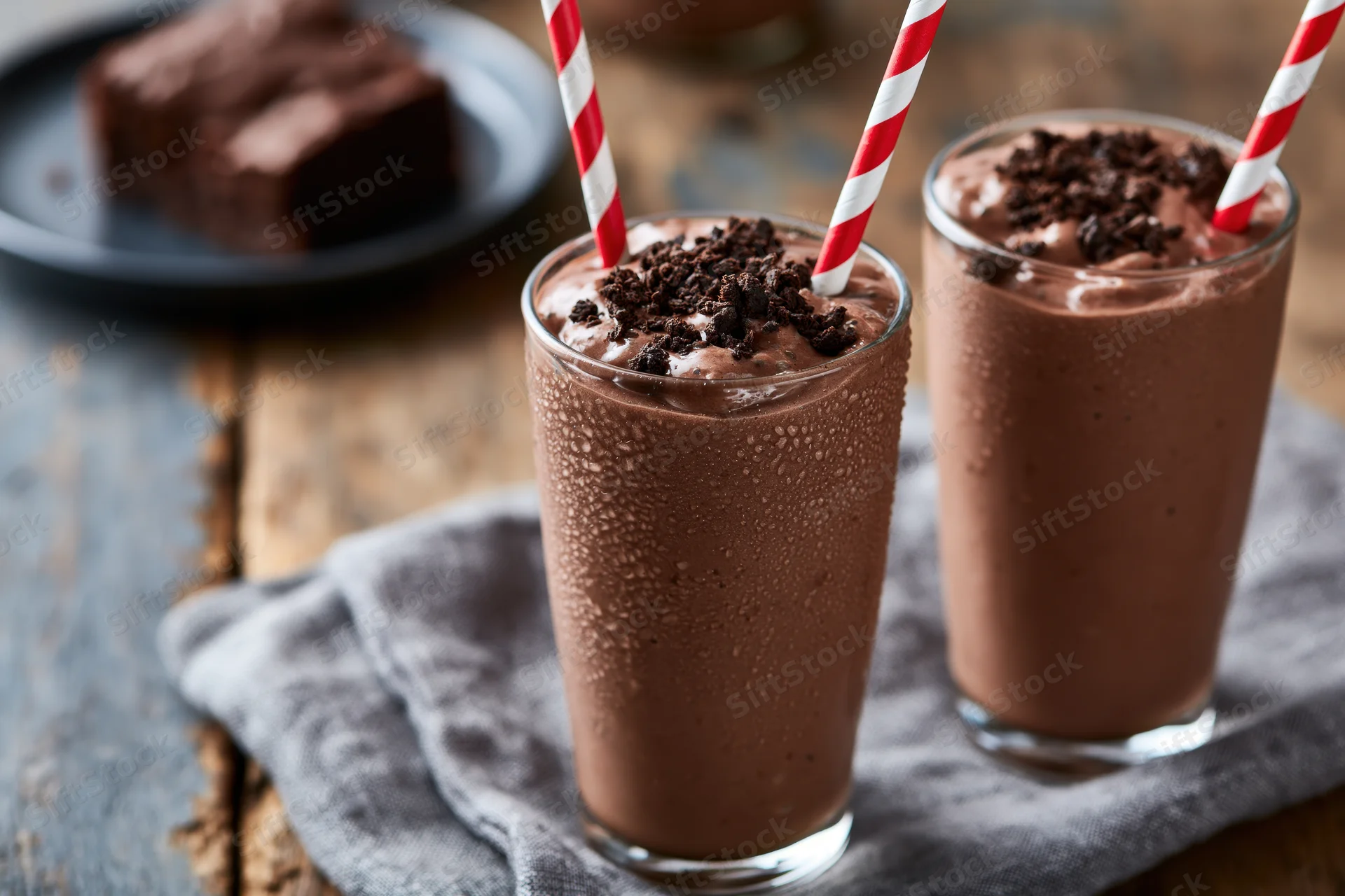 Two tall glasses of thick chocolate milkshake topped with chocolate crumble and red-white striped straws on a wooden table with a gray cloth and a plate of brownie in the background