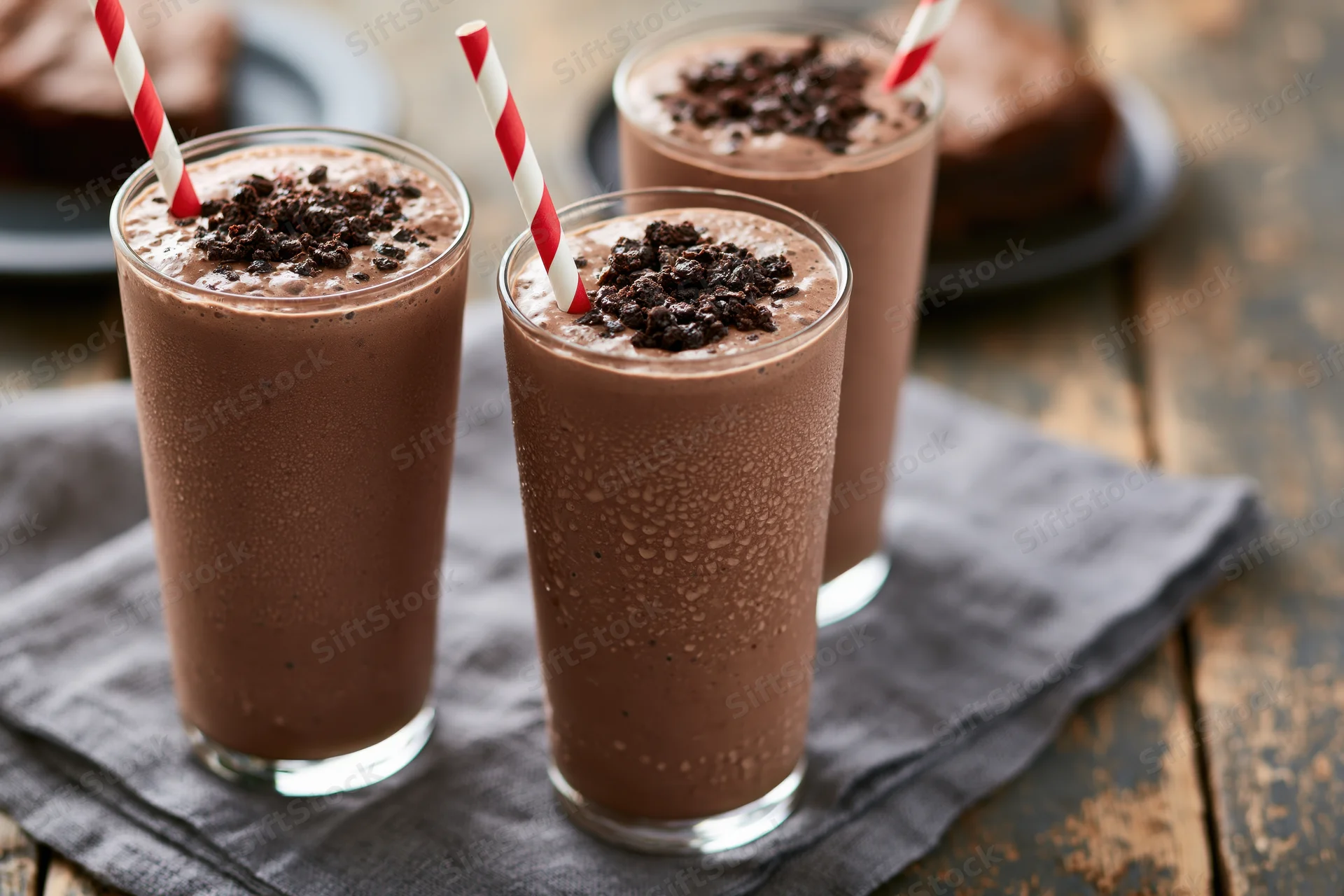 Three tall glasses of chocolate milkshake with crumbled topping and striped straws on a cloth napkin over wooden table