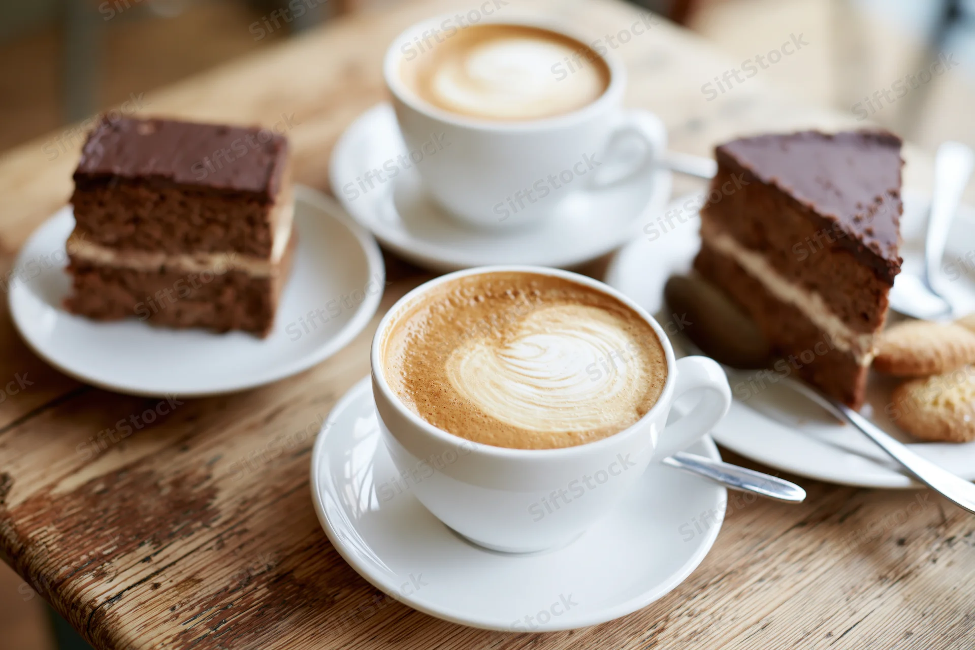 Two white ceramic cappuccino cups with swirled milk foam art on a wooden table beside chocolate cake slices