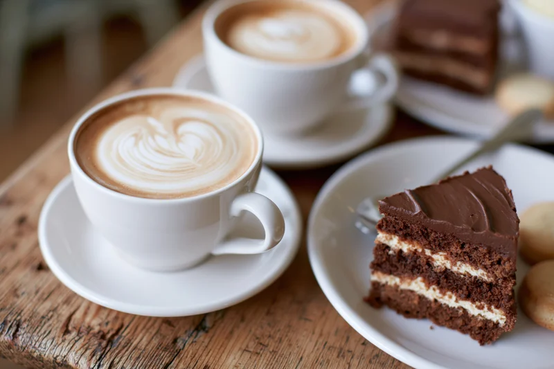 Two white ceramic cappuccino cups with swirled milk foam art on a wooden table beside a slice of chocolate cake and biscuits