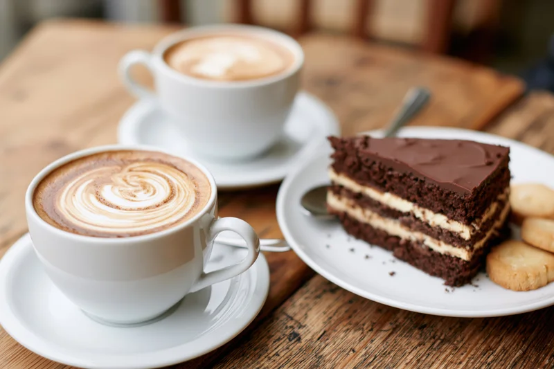Two white ceramic cappuccino cups with swirled milk foam art on a wooden table beside a slice of chocolate cake and biscuits