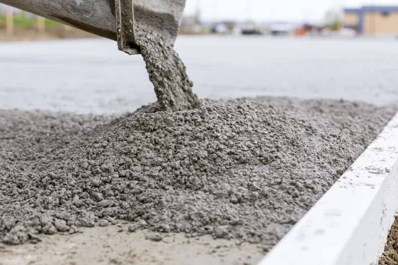 Wet concrete pouring from a metal chute onto a flat construction foundation