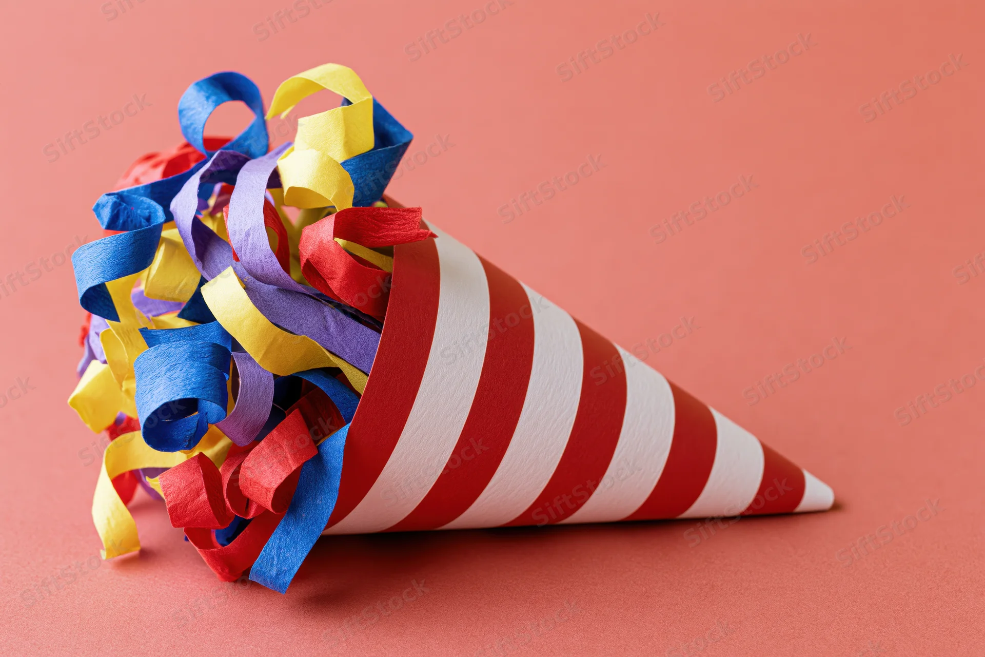 Red and white striped party popper cone lying on its side with colorful streamers spilling out on a solid peach background