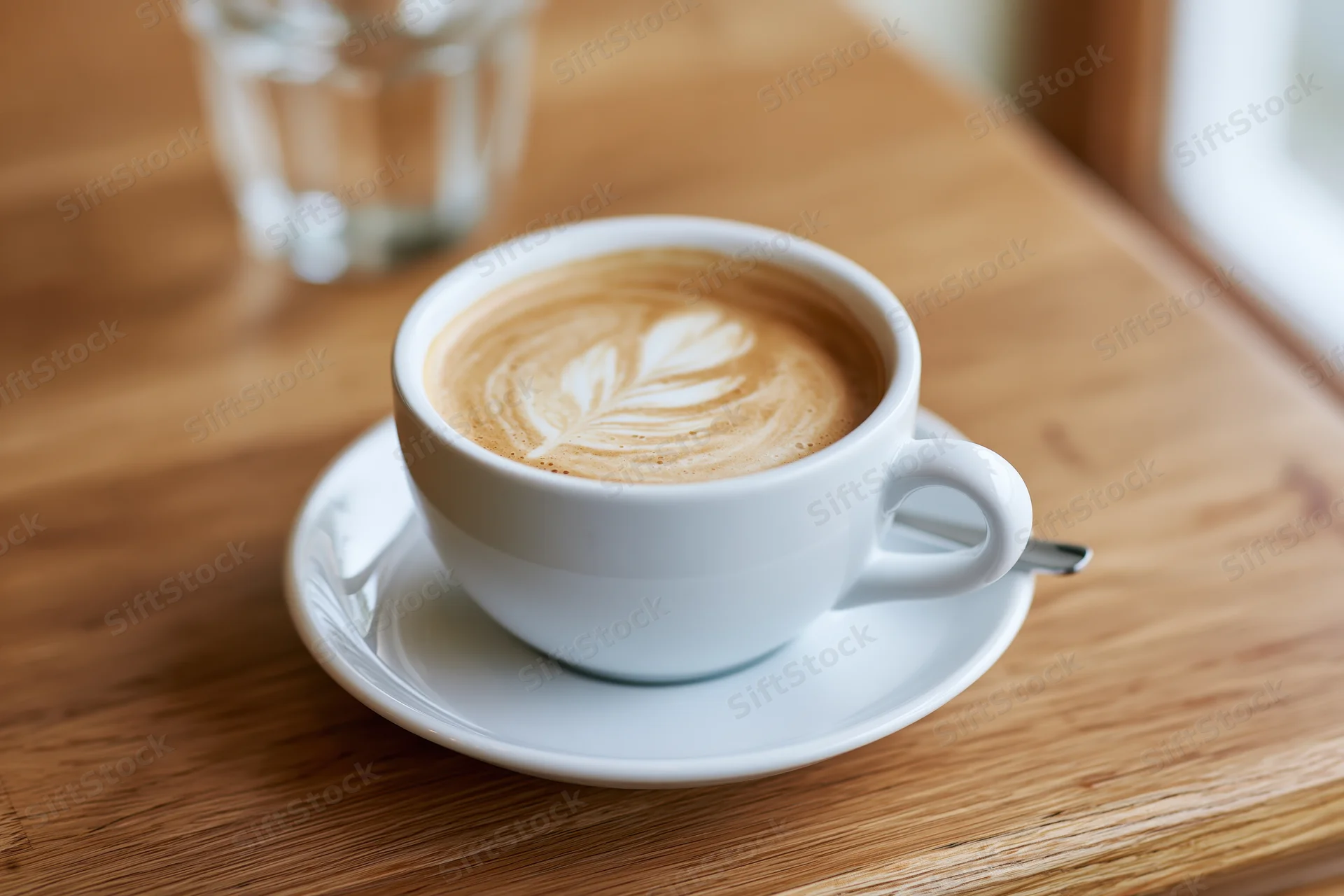 White ceramic cappuccino cup with latte art on a wooden table