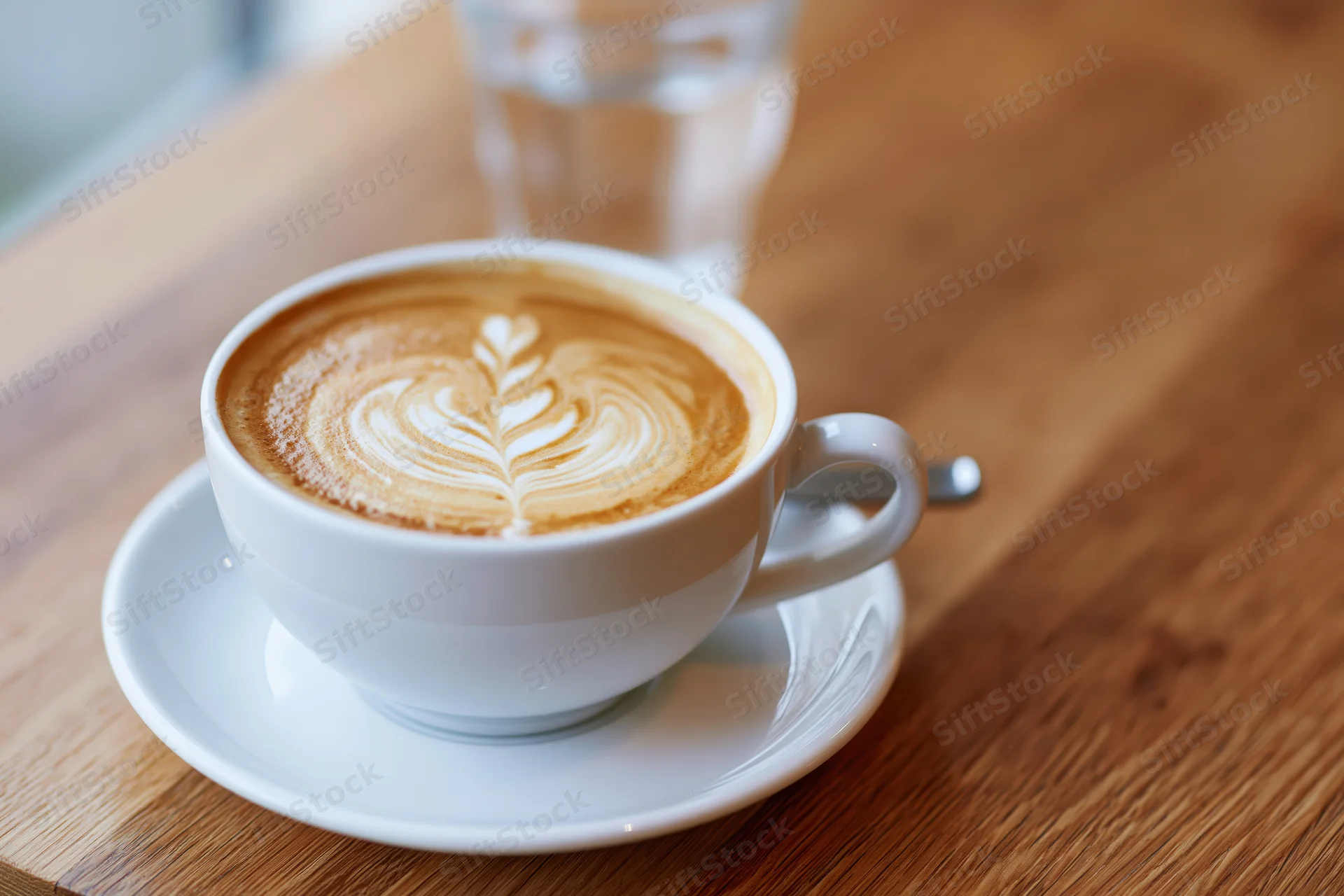 White ceramic cappuccino cup with latte art on a wooden table beside a glass of water