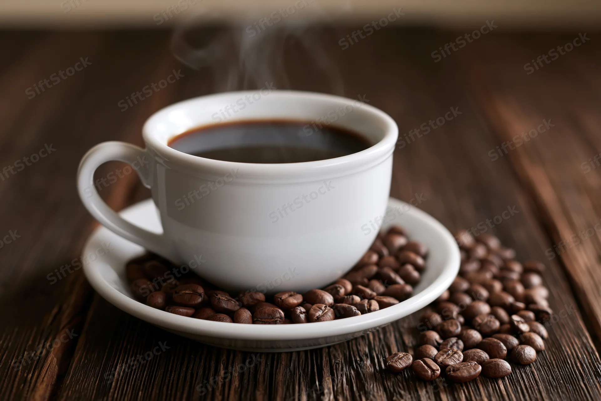 White ceramic coffee cup filled with steaming black coffee on saucer surrounded by roasted beans on dark wooden table
