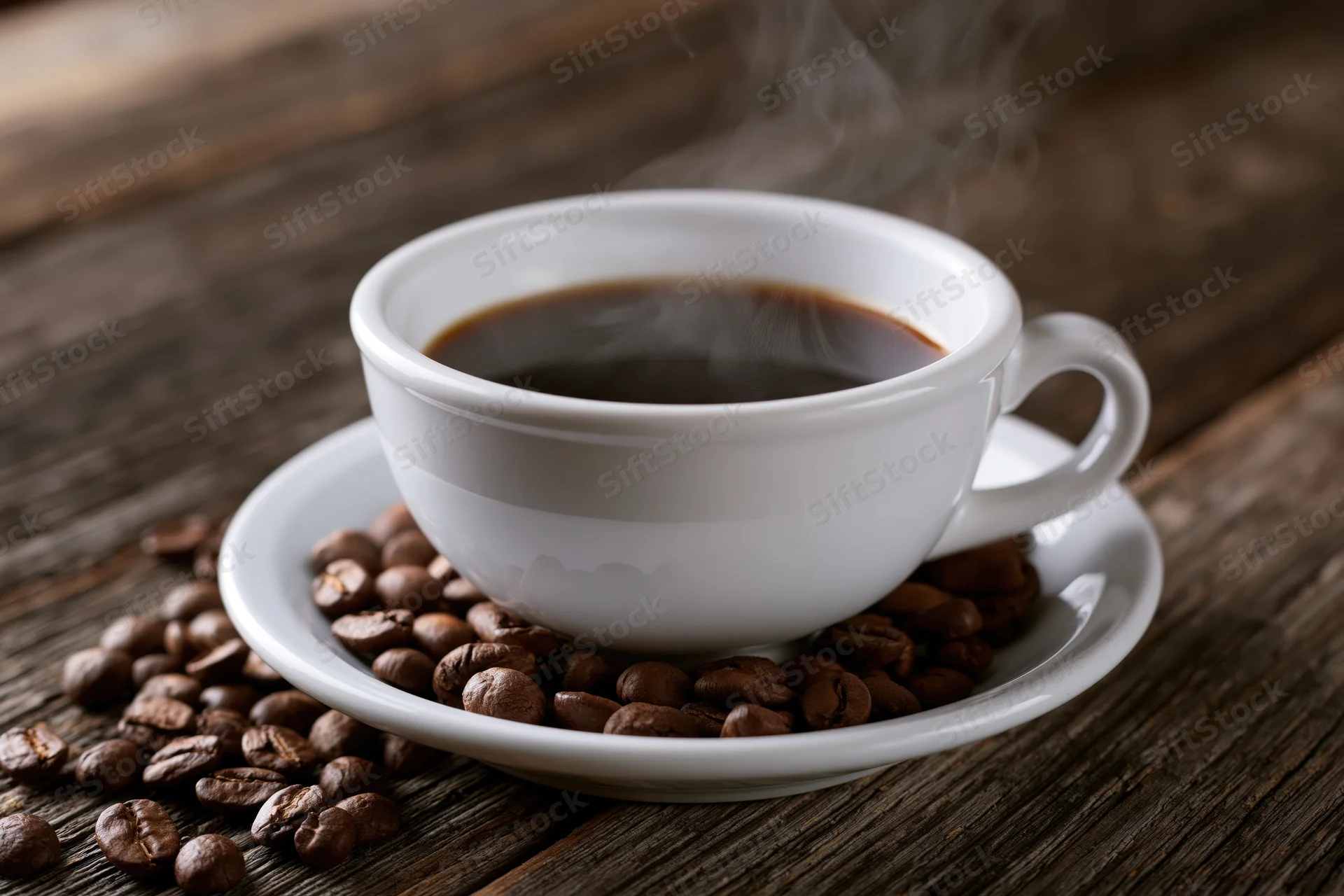 White ceramic coffee cup filled with steaming black coffee on saucer surrounded by roasted beans on wooden table