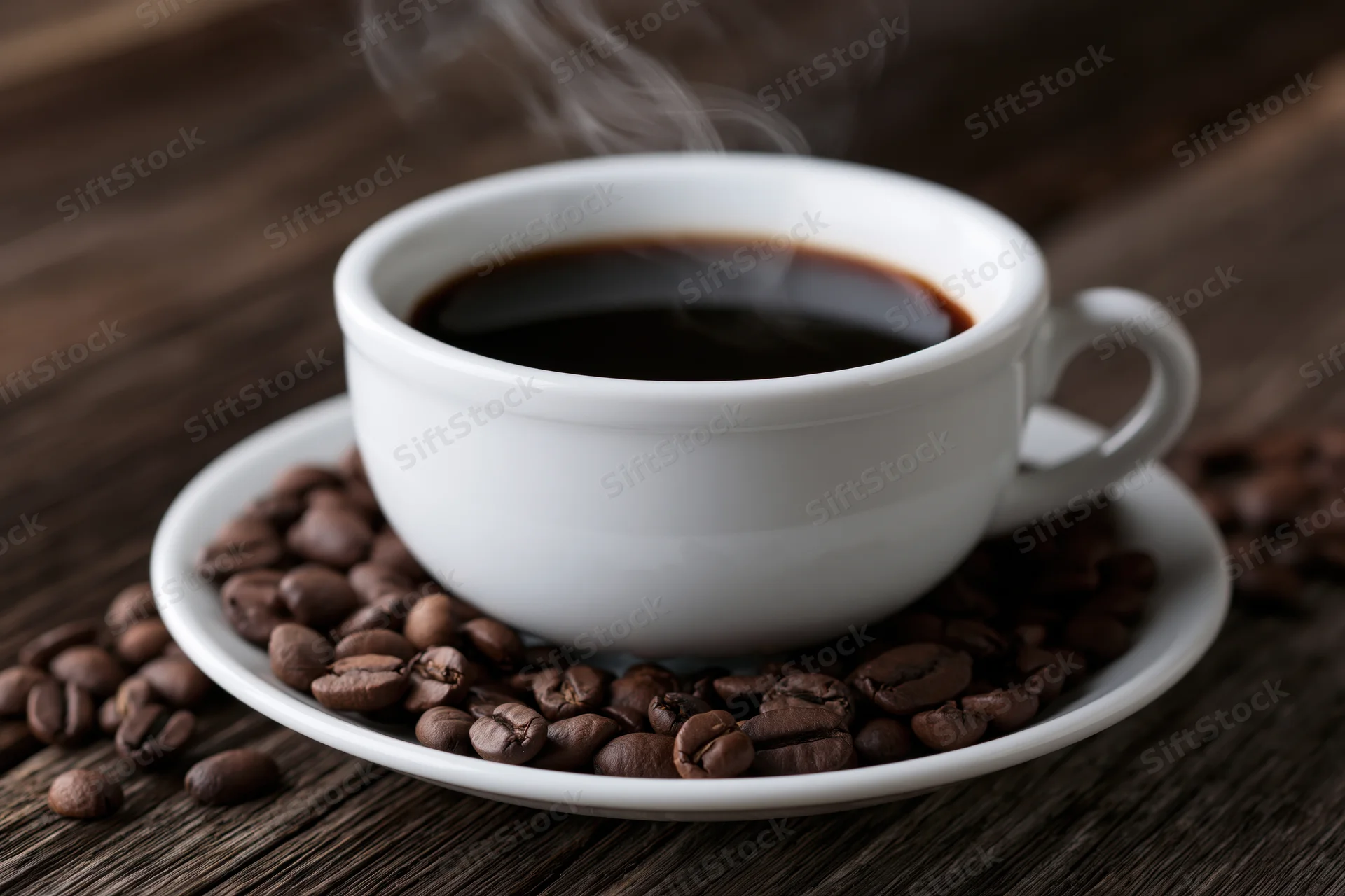 White ceramic coffee cup filled with black coffee and steam, resting on saucer with roasted beans on wooden table