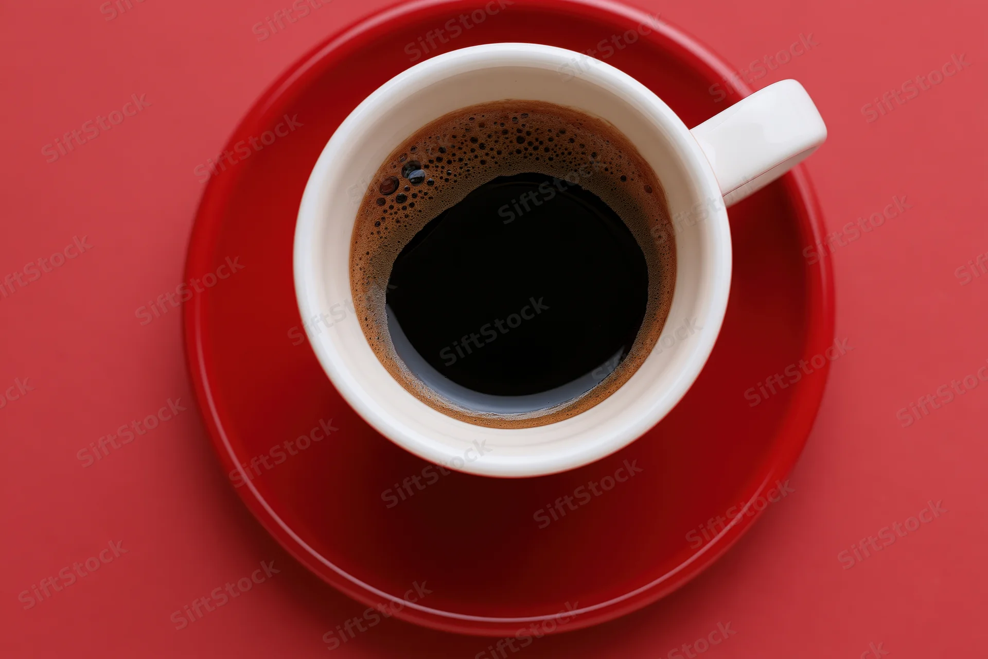 White ceramic coffee cup filled with black espresso on red saucer viewed from above
