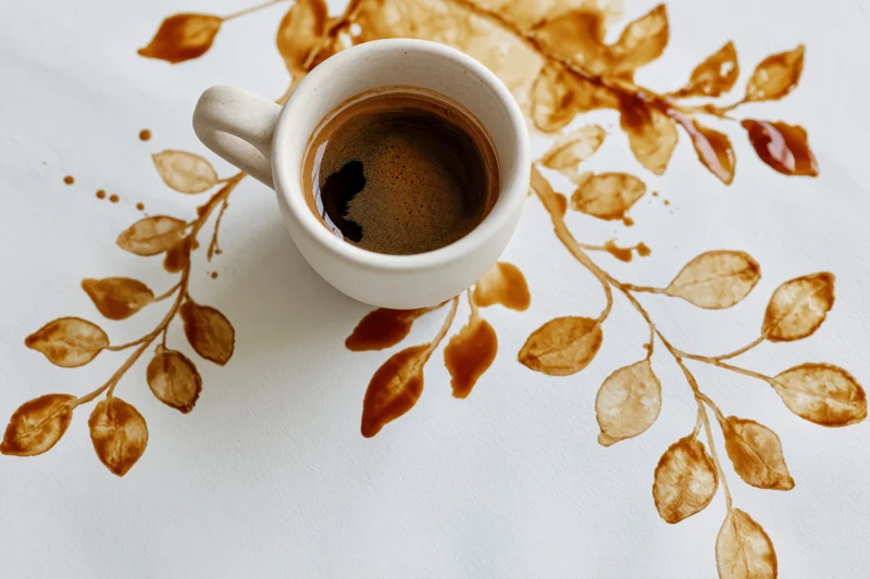 White ceramic coffee cup filled with black espresso on a white surface with coffee-stain leaf patterns around it