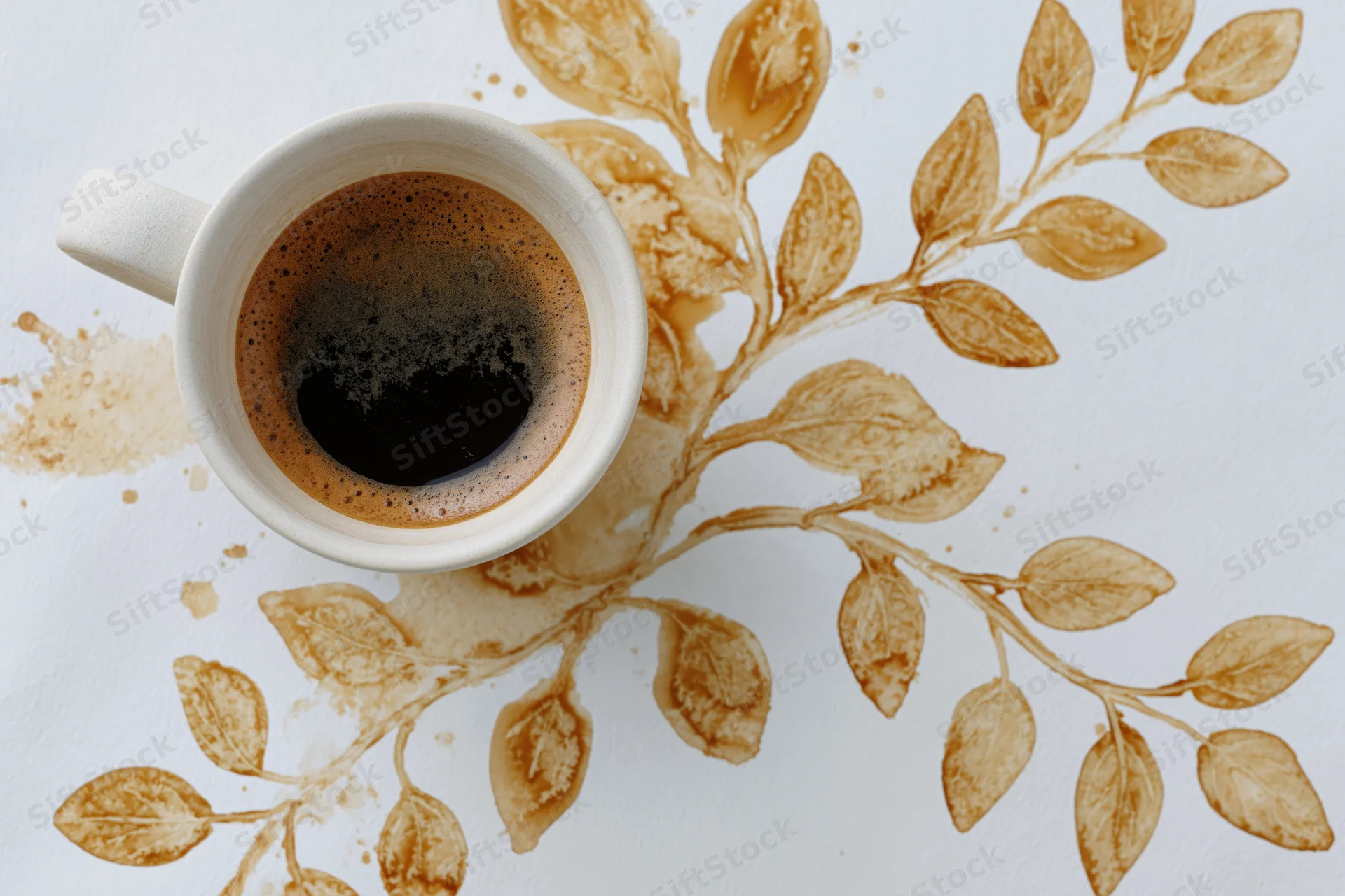 White ceramic coffee cup filled with black espresso viewed from above on white surface with coffee-stain leaf pattern beside it