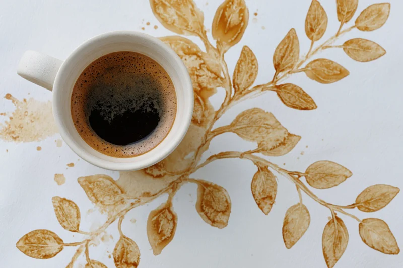 White ceramic coffee cup filled with black espresso viewed from above on white surface with coffee-stain leaf pattern beside it