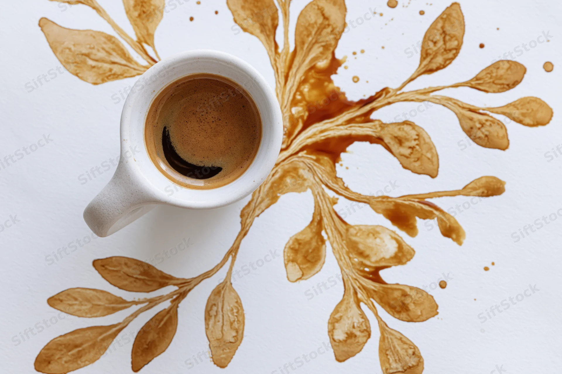 White ceramic coffee cup filled with espresso viewed from above with coffee spill forming leaf-like patterns on white surface