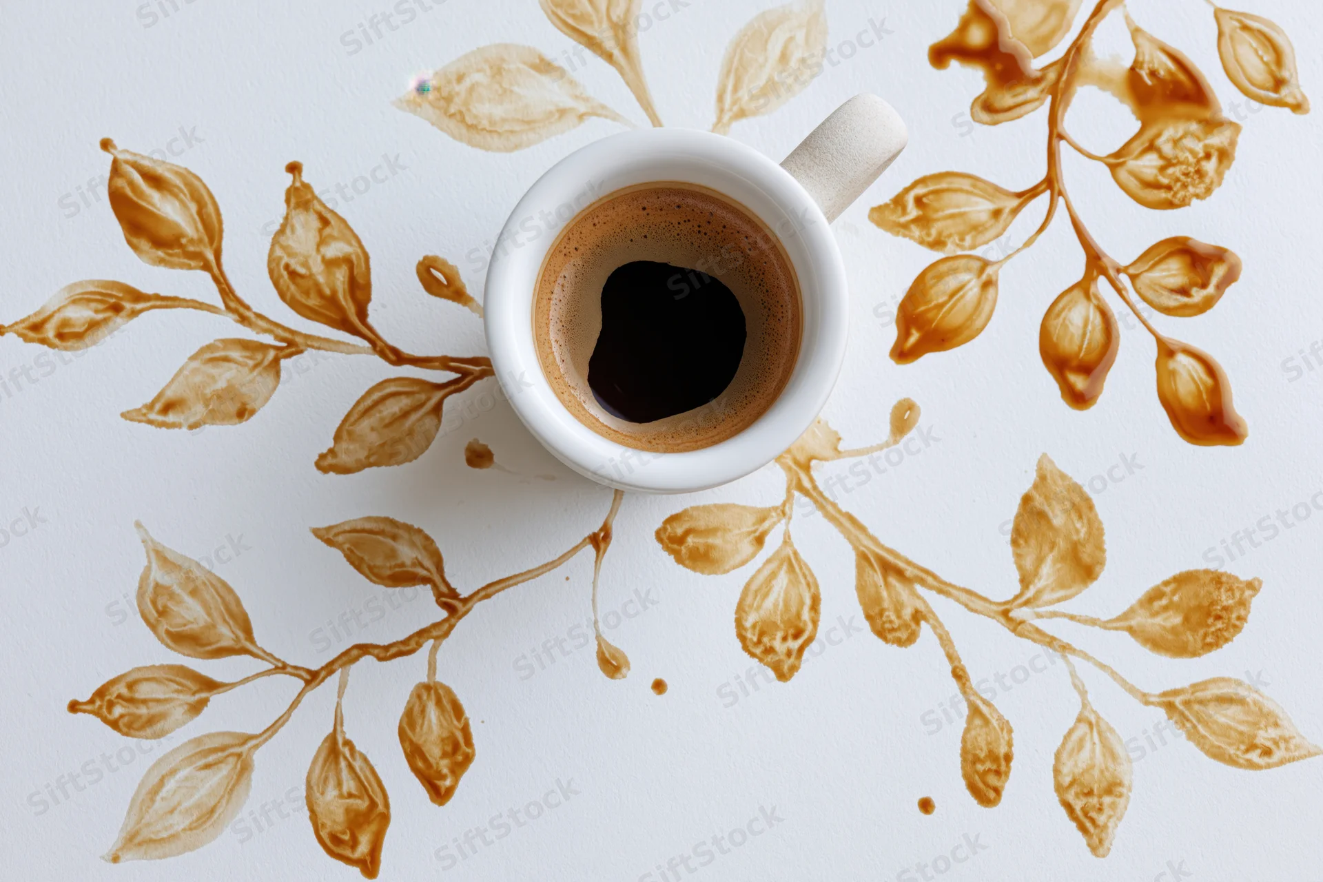 White ceramic coffee cup filled with black espresso viewed from above on a white surface with coffee-stain floral patterns radiating outward