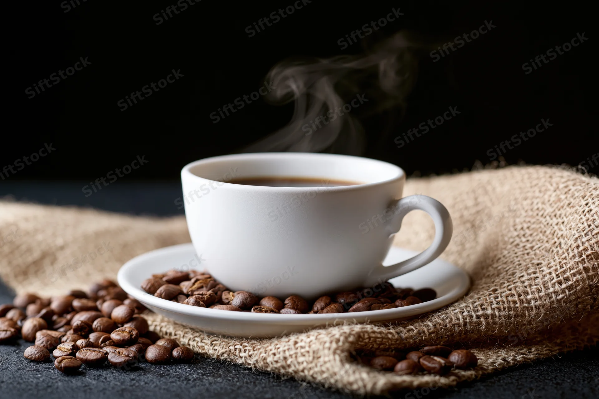 White ceramic coffee cup with steam on saucer surrounded by beans on burlap cloth