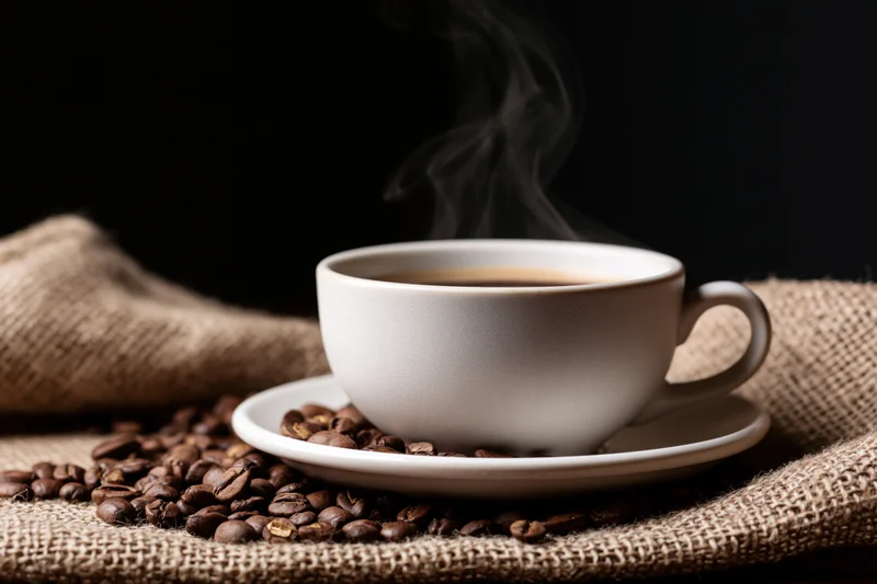 White ceramic coffee cup with rising steam on saucer surrounded by coffee beans on burlap fabric