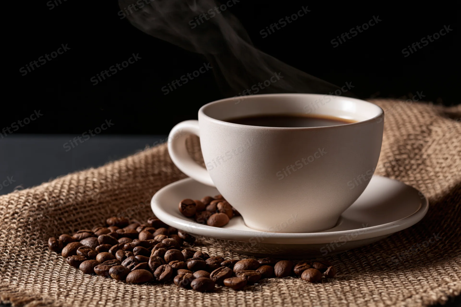 White ceramic coffee cup with steam rising, resting on saucer with scattered roasted beans on burlap fabric