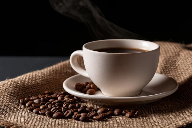 White ceramic coffee cup with steam rising, resting on saucer with scattered roasted beans on burlap fabric