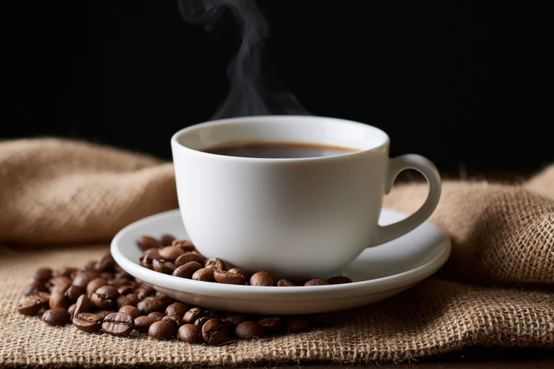 White ceramic coffee cup with steam rising, resting on saucer with coffee beans scattered around, placed on burlap fabric