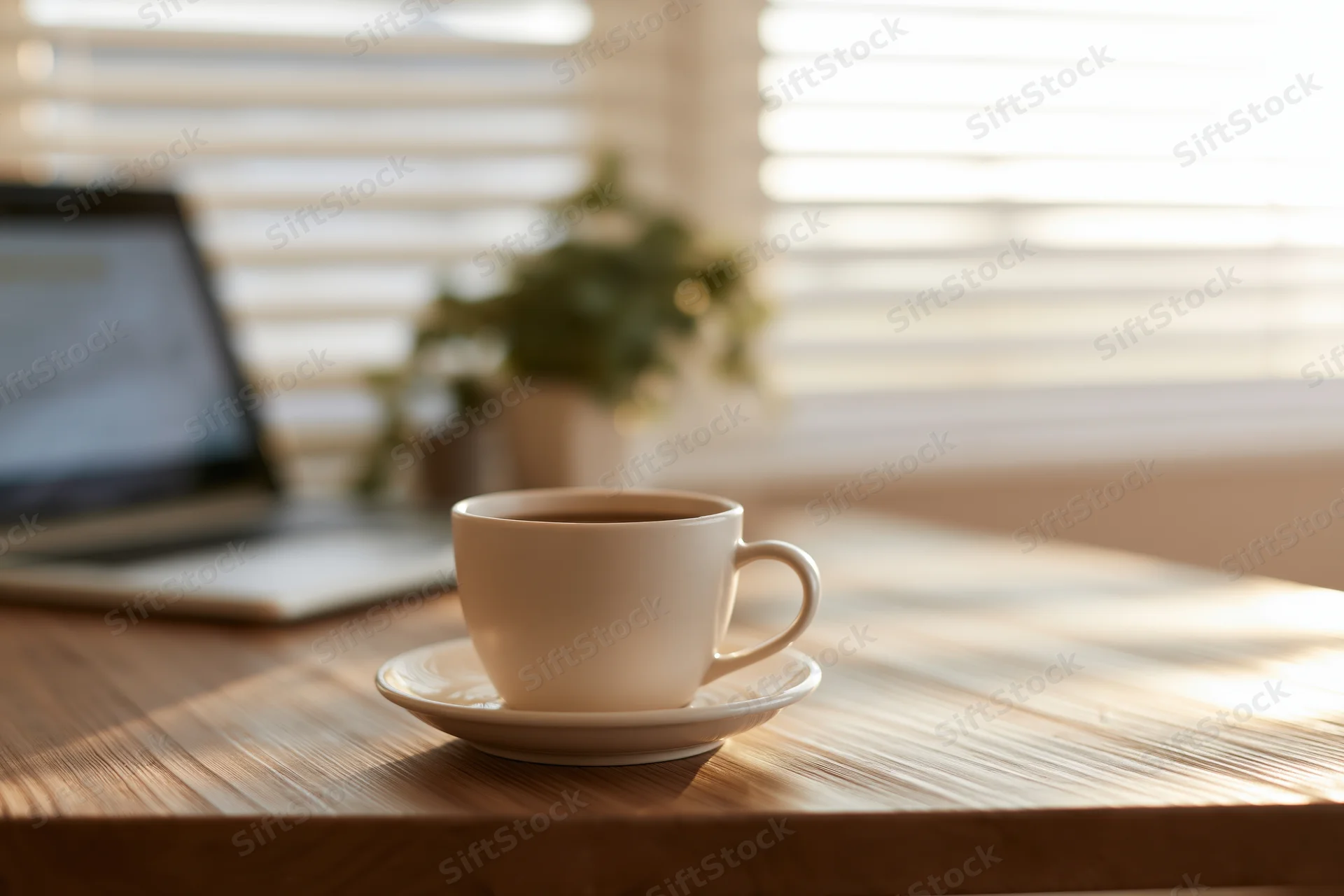White ceramic coffee cup on saucer on wooden desk with laptop and plant near window in morning light
