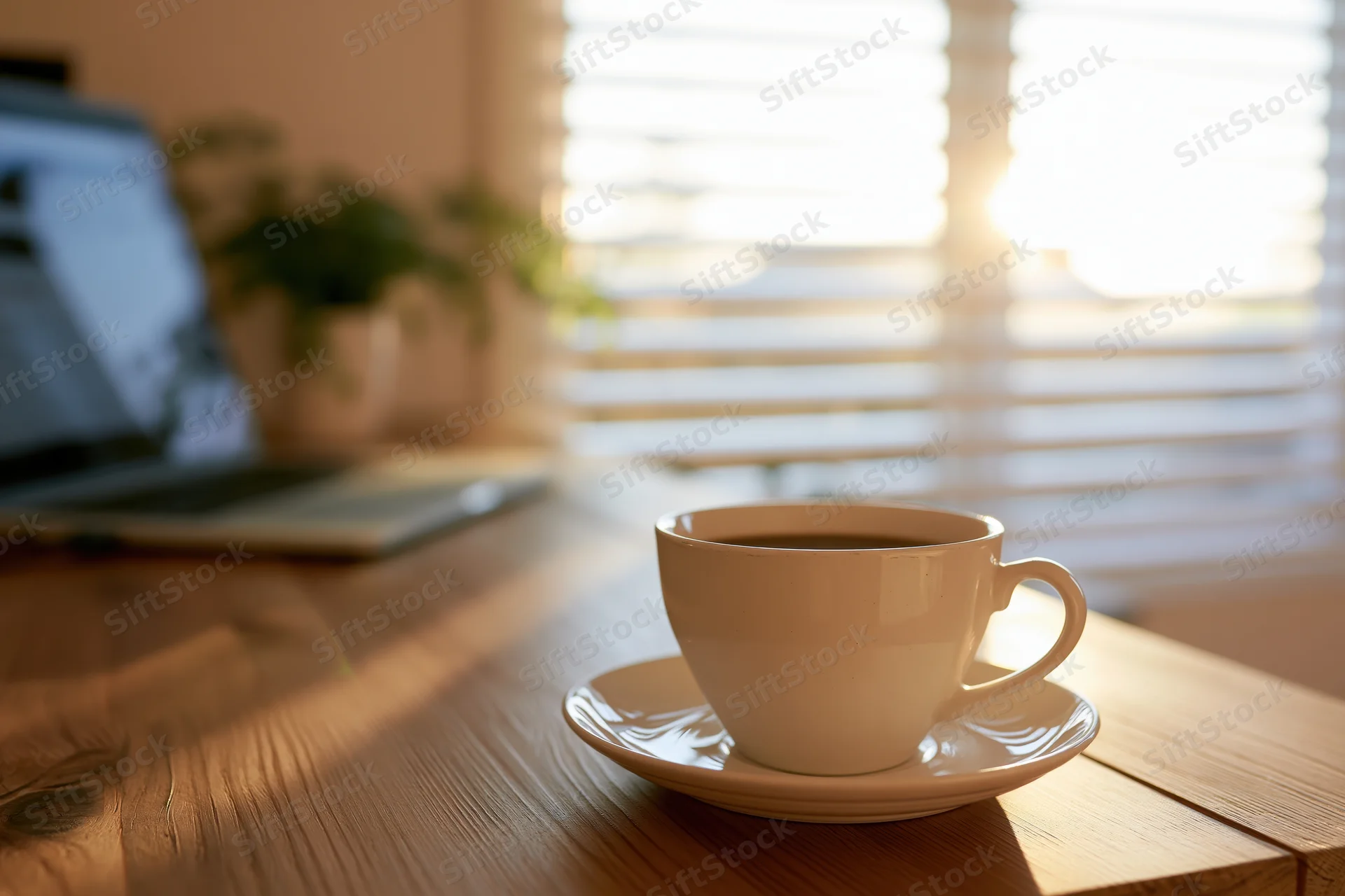 White ceramic coffee cup on saucer on wooden desk near window with sunlight and laptop in background