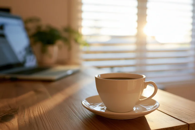 White ceramic coffee cup on saucer on wooden desk near window with sunlight and laptop in background