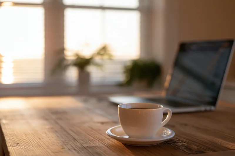 White ceramic coffee cup on saucer on wooden desk with open laptop and window light in background