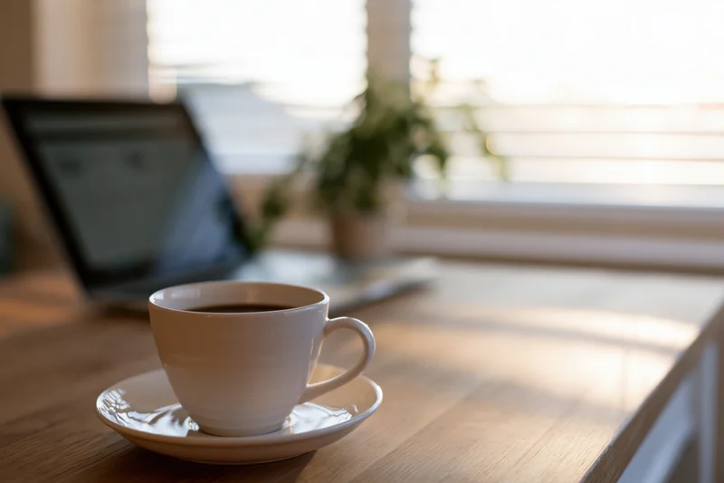 White ceramic coffee cup on saucer on wooden desk with laptop and plant in background near window