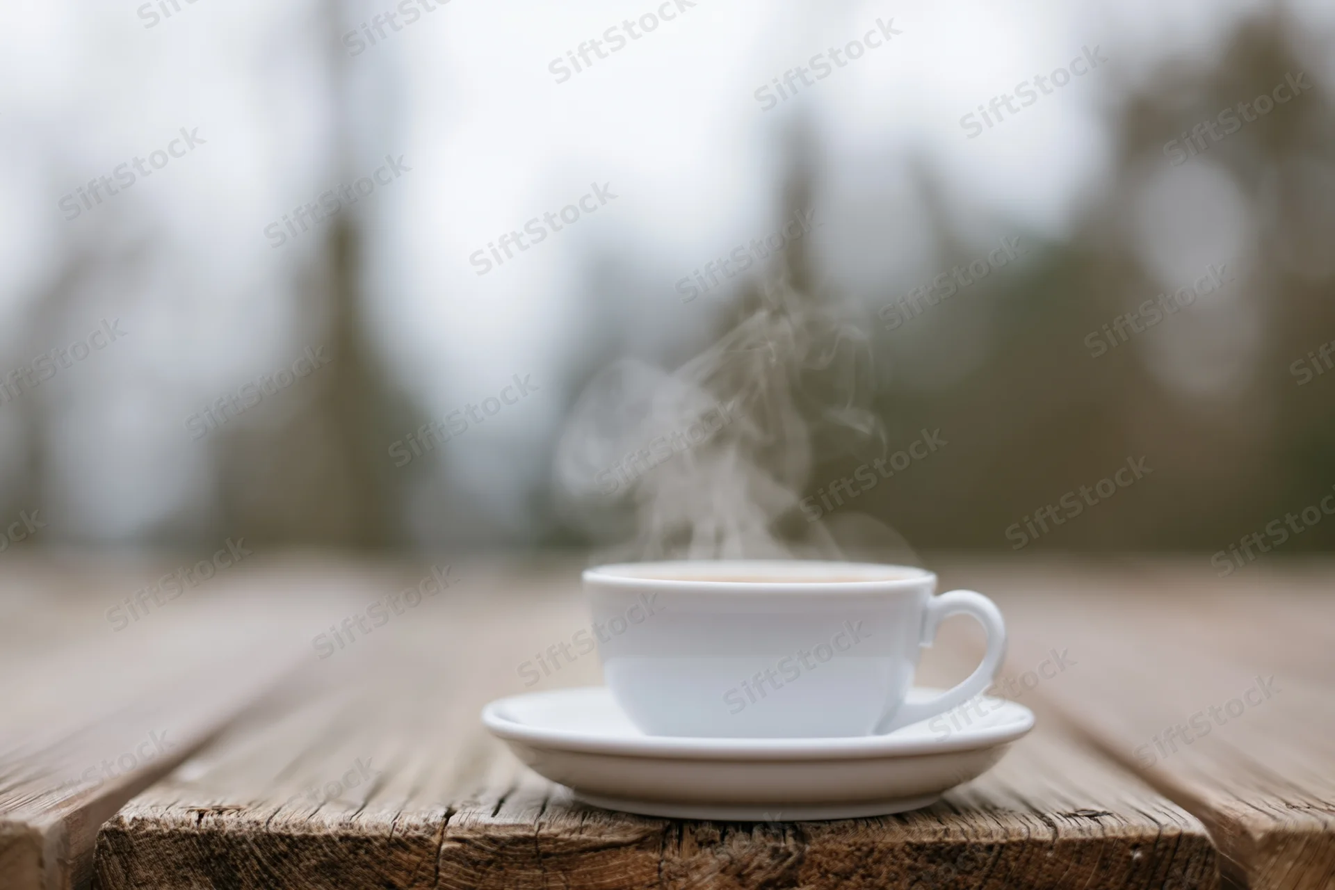 White ceramic coffee cup with steam on saucer resting on worn wooden table outdoors