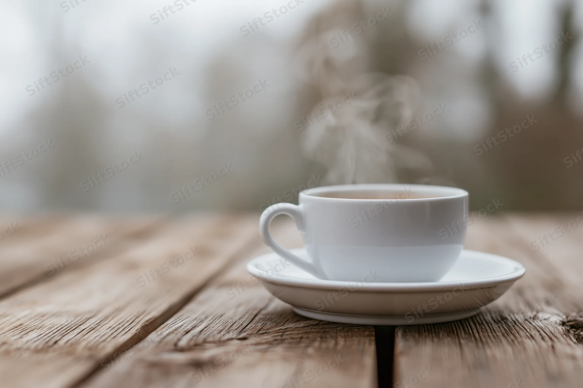 White ceramic coffee cup with steam on saucer resting on worn wooden table