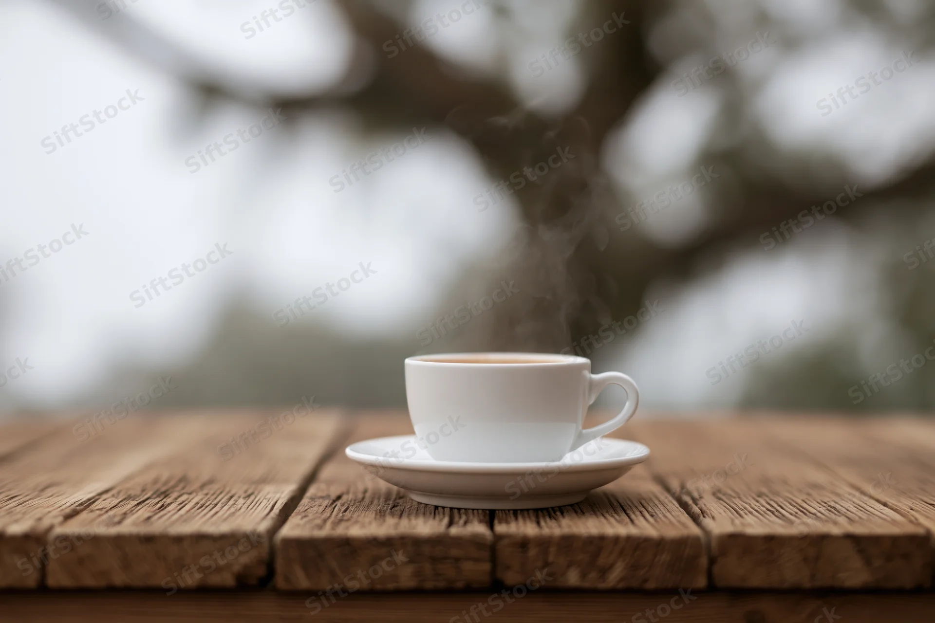 White ceramic coffee cup with steam on saucer resting on worn wooden table outdoors near tree